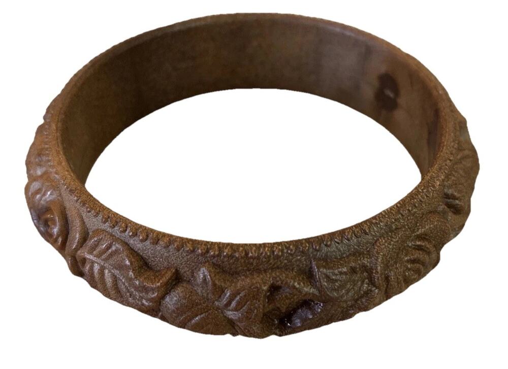 Vintage Carved Brown Flower Design Celluloid 7.5” Bracelet 1/2" Wide L5